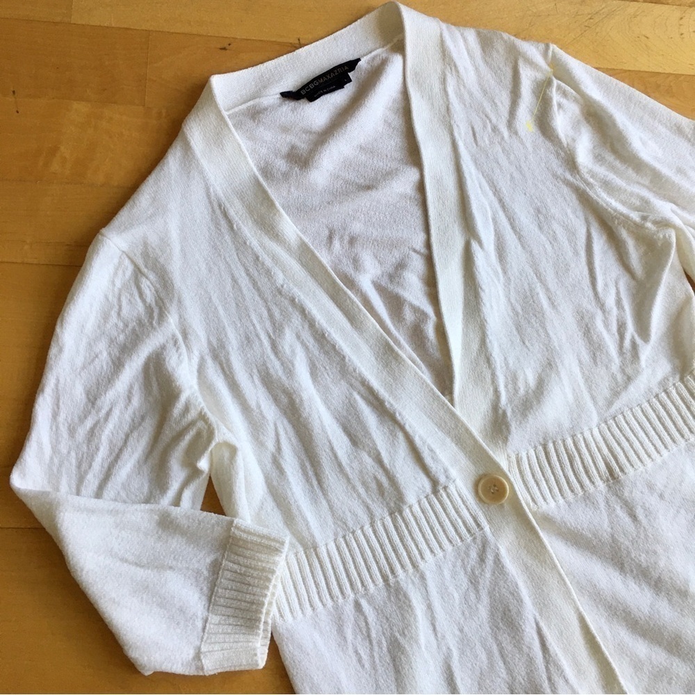 BCBGMaxAzria One Button Cardigan, 3/4 Sleeve, Cream, Ivory, Ecru, Size S